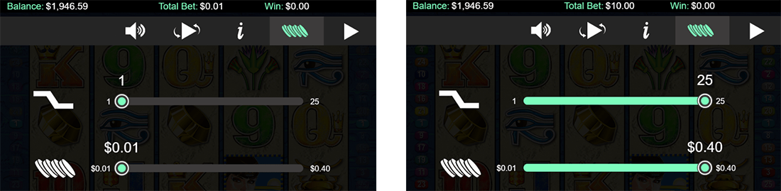 Queen of the Nile 2 slot game features 25 adjustable pay lines
