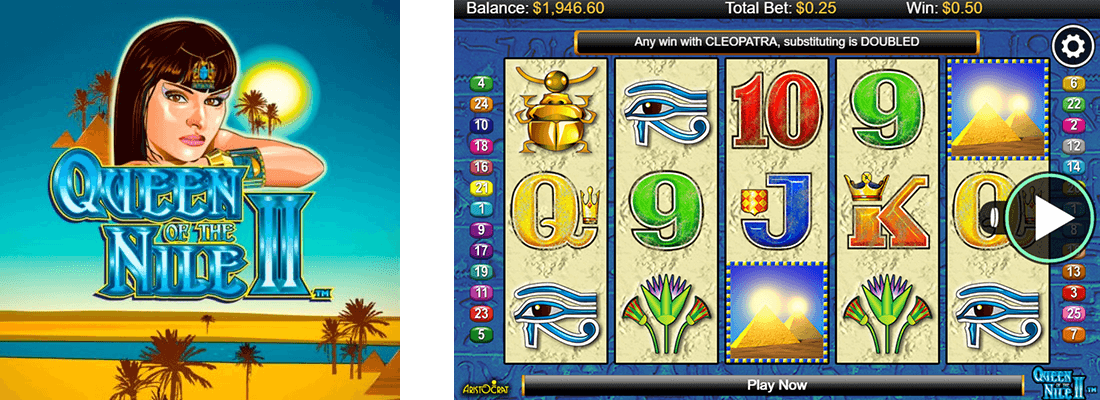 The Queen of the Nile 2 is an ancient Egypt-themed slot game by Aristocrat