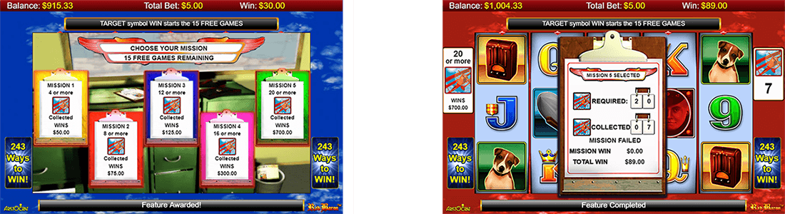 The Red Baron slot by Aristocrat has a bonus feature which contains 5 Missions